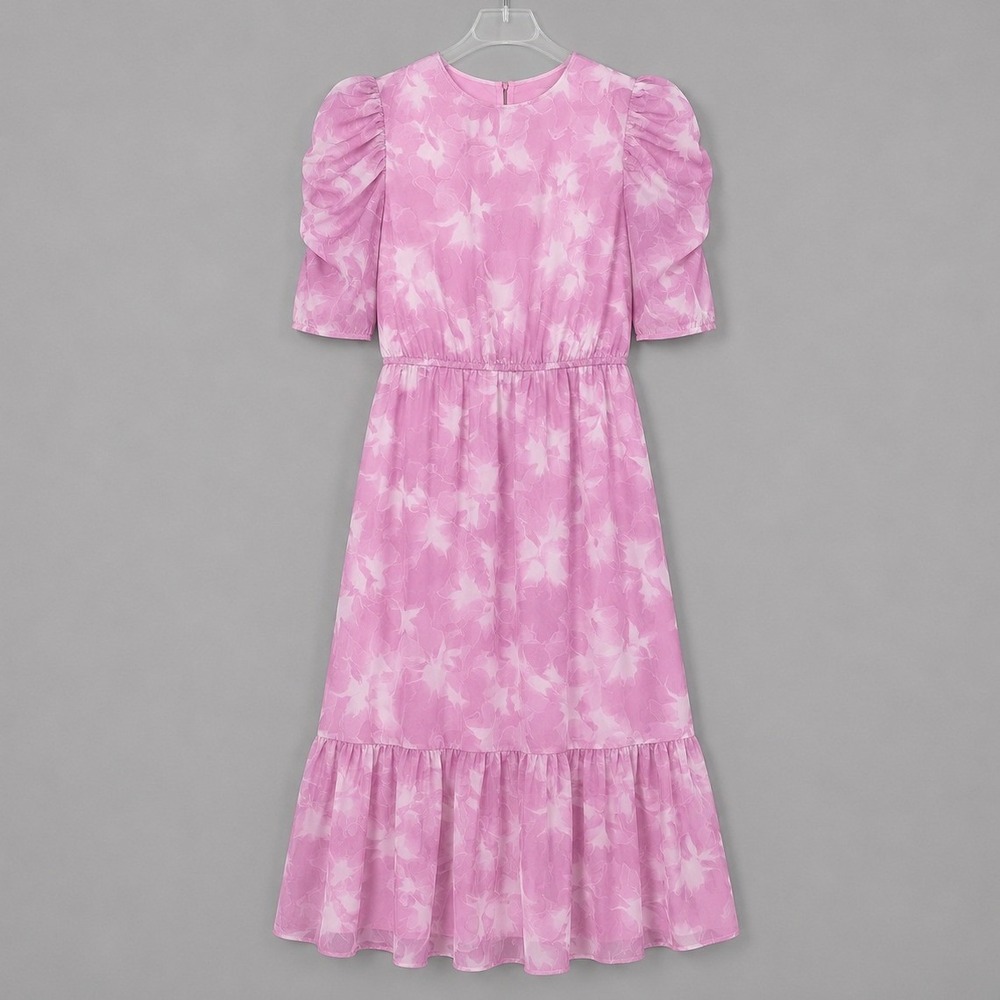 Destination 365 Dress Womens Large Rose Floral Chiffon Midi Puff Sleeve A614501